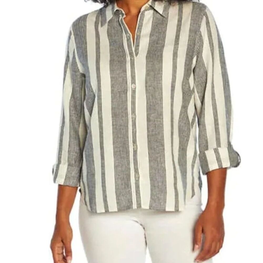 Orvis XL White Black Striped Button‑Up Shirt 100% Cotton Coastal Beach Vacation